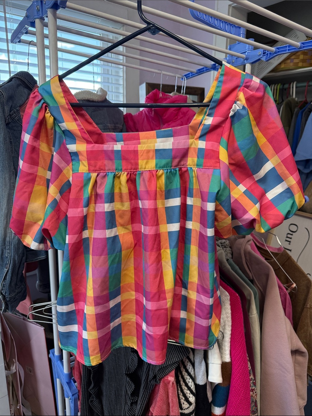 SHEIN Rainbow Plaid Square Neck Puff Sleeve Top